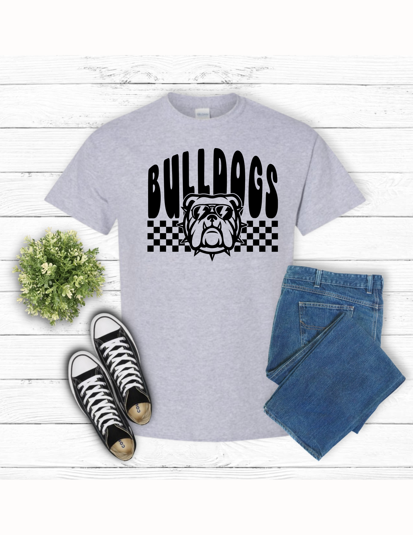 Checkered Bulldogs with Shades T-Shirt- Gray